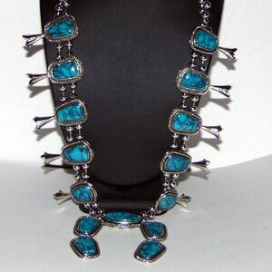 Vintage Goldette Faux Turqouise and Silvertone Squash Blossom Necklace Good Cond